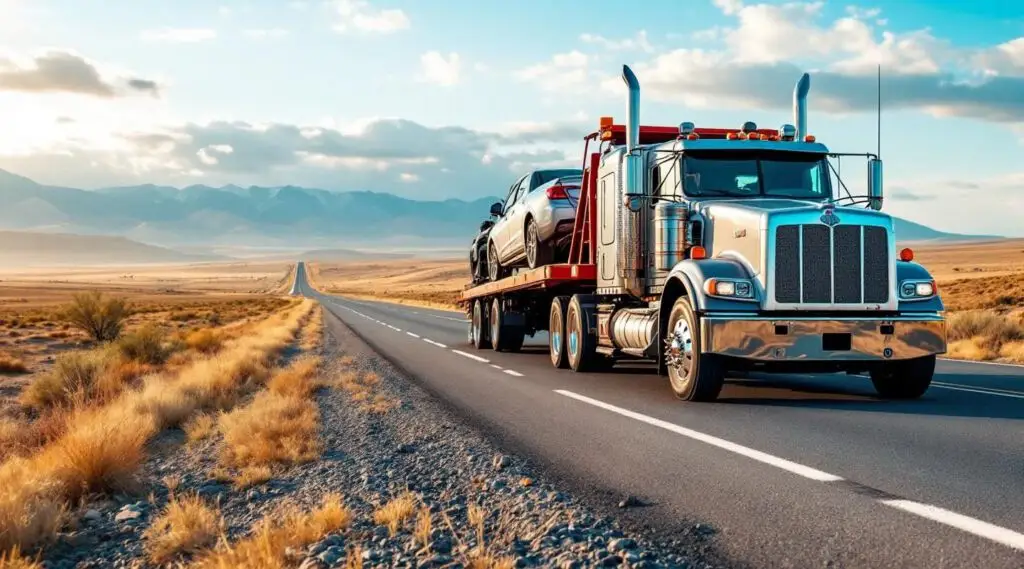 A professional Snappy Towing flatbed truck hauling a luxury SUV on a long highway stretch outside of Folsom at dawn.