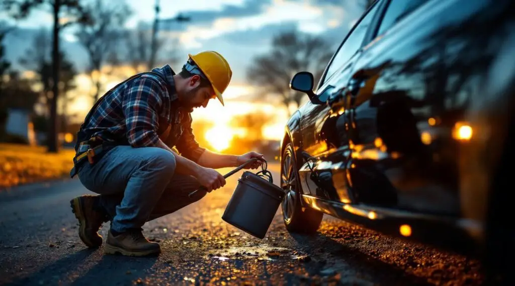 A professional Snappy Towing technician using specialized lockout tools to safely unlock a sedan in Folsom at dusk.