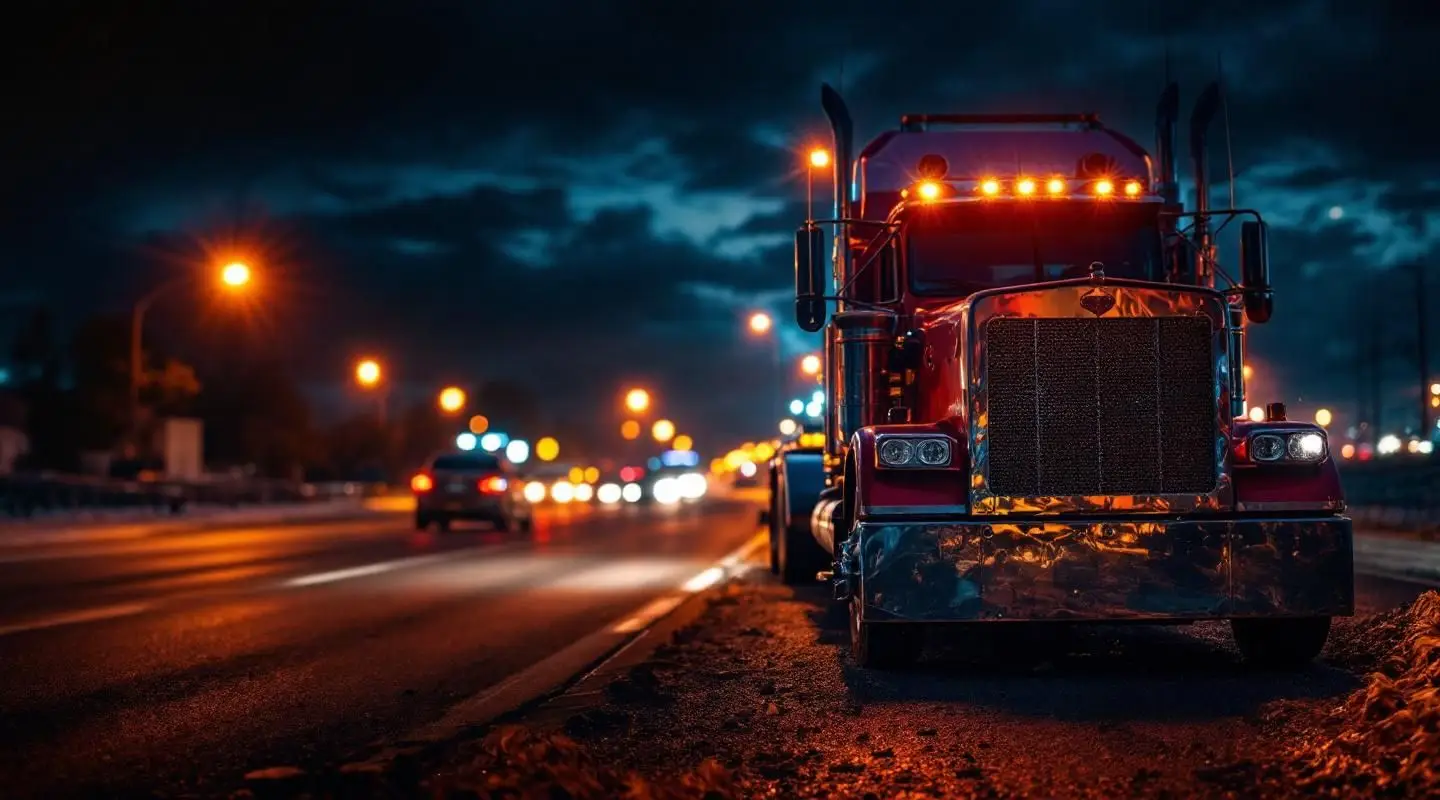 A AHD Towing Service flatbed truck with amber safety lights assisting a disabled vehicle on the Sacramentoway at night in Sacramento.