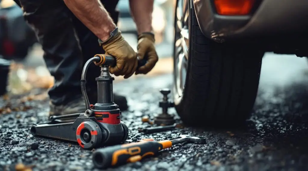 A professional Snappy Towing technician using a floor jack to change a flat tire on a busy Folsom roadside at dusk.