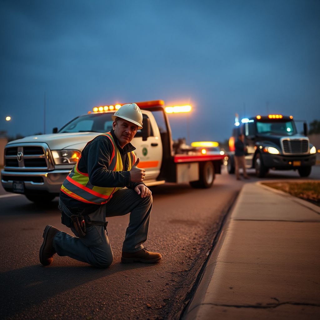 A Snappy Towing operator assisting a driver with a tire change on a well-lit street in Rancho Cordova at night.