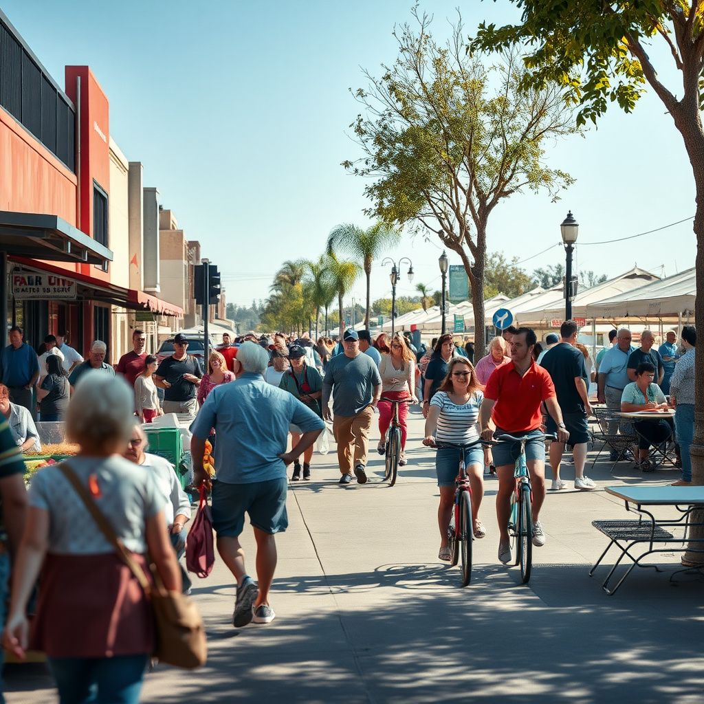 Historic downtown Lodi street scene with classic brick buildings, mature trees, and people strolling along the sidewalk, reflecting the city's heritage.