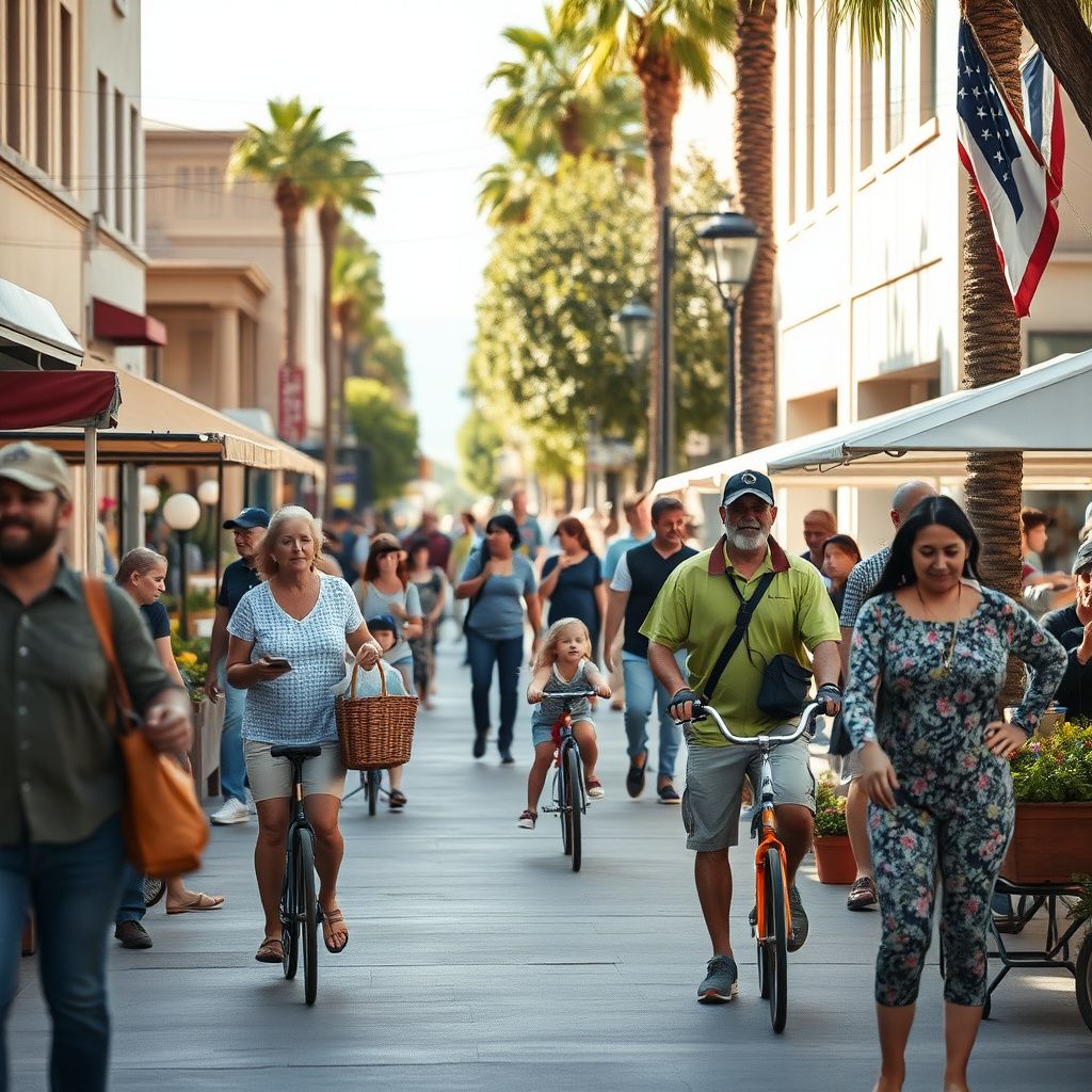 A wide, tree-lined street in Old Town Elk Grove, California, featuring historic buildings with classic architecture under a bright, sunny sky, evoking the city's charming past.
