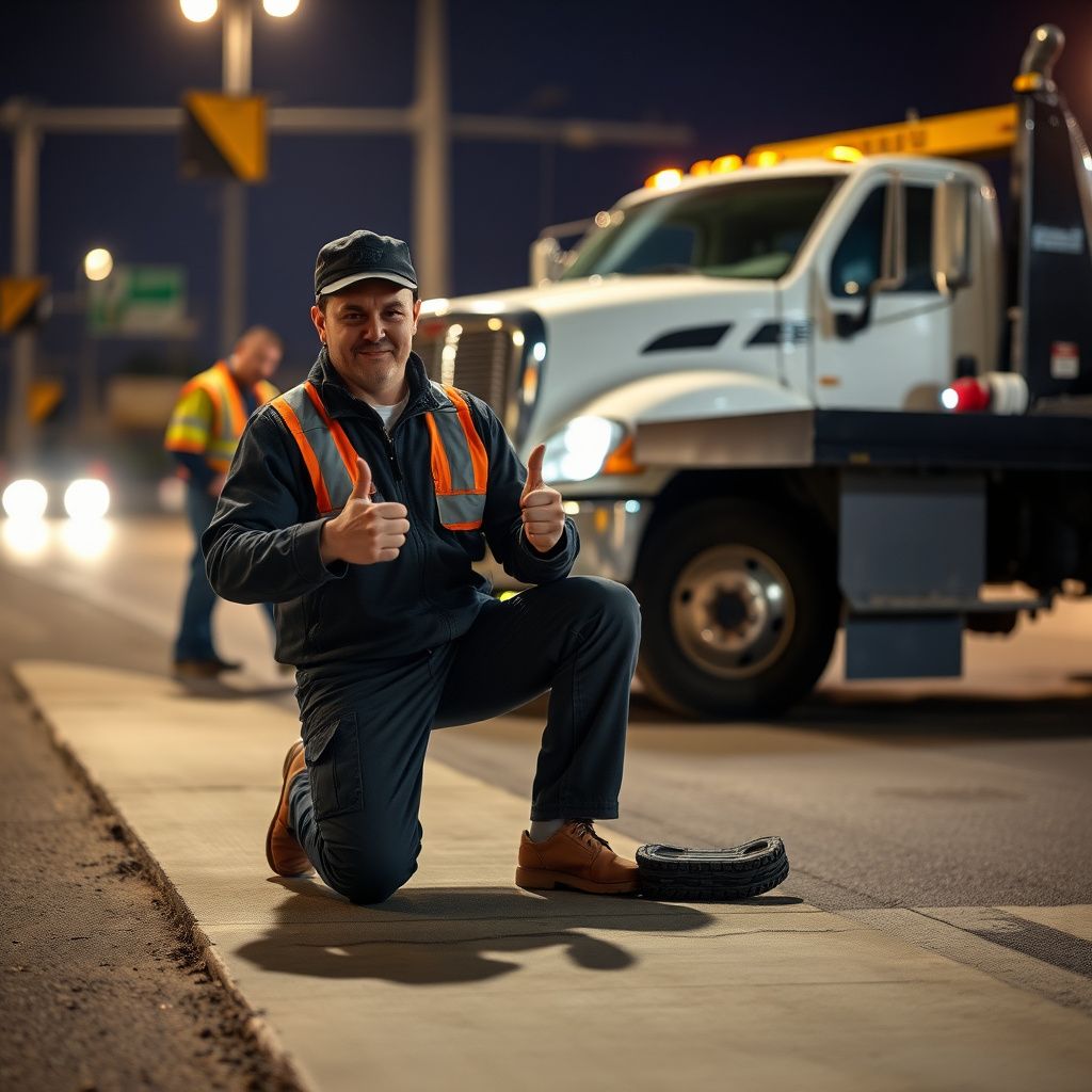 A Snappy Towing operator giving a thumbs up next to a clean, modern tow truck on a Folsom street.