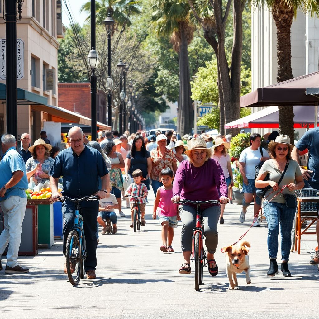 A vibrant street scene in Citrus Heights, California, showing a mix of modern retail buildings and mature trees under a sunny sky, with local residents walking along the sidewalk.