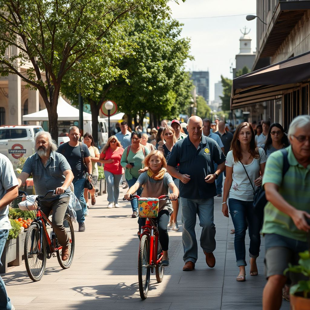 A sunny street scene in downtown Davis, California, with bicycles parked along a sidewalk and people walking past local shops, reflecting the city's vibrant, bike-friendly atmosphere.