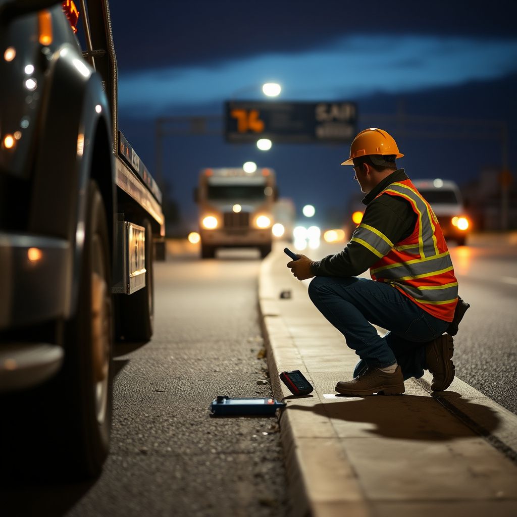 A Snappy Towing operator assisting a driver with a flat tire on a sunny road in Davis, California, with a professional and reassuring demeanor.