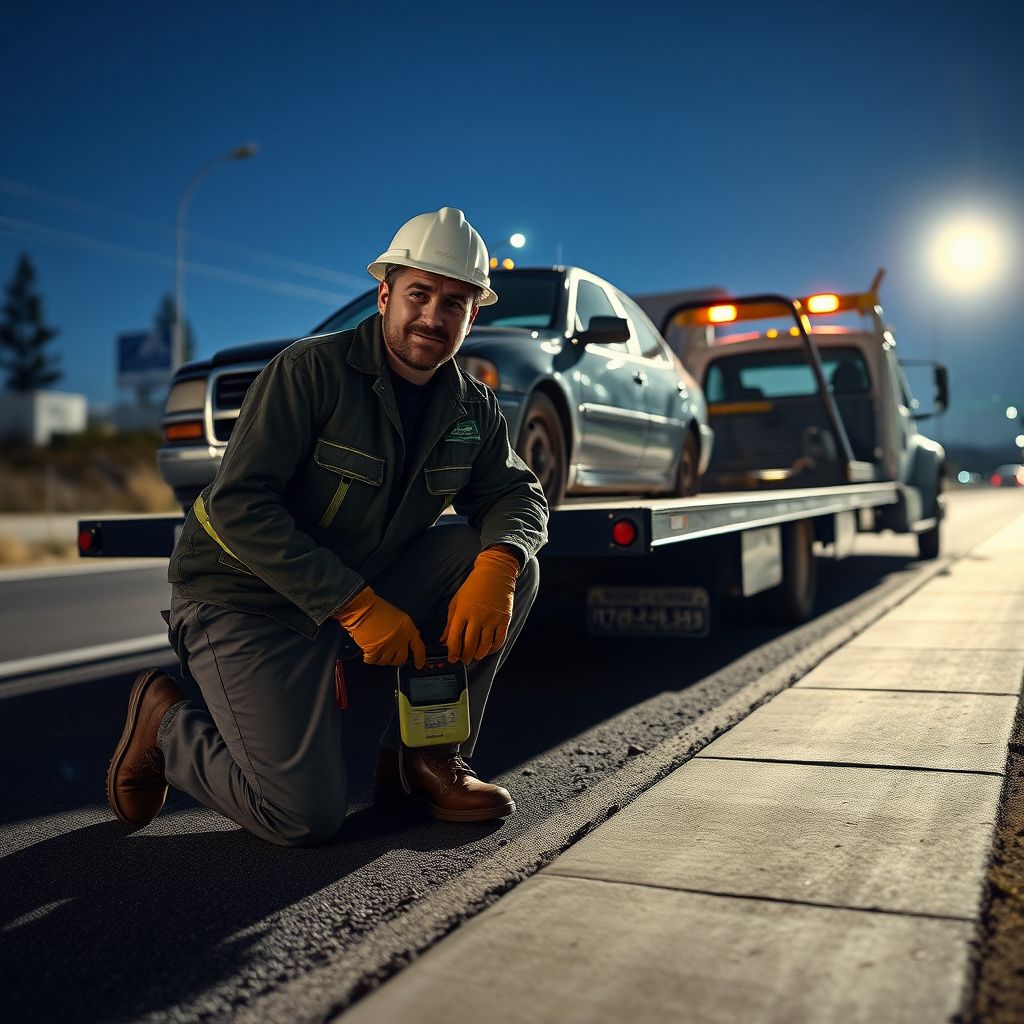 A Snappy Towing professional jump-starting a car battery on a quiet, tree-lined street in Galt, California, with a friendly, reassuring demeanor.